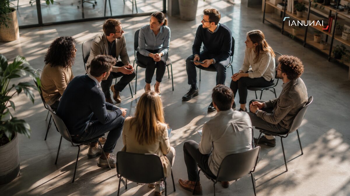 People in a team sitting in a circle and sharing ideas