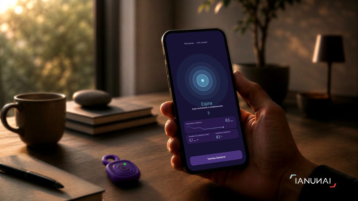 Persona che tiene in mano telefono con app Ianumind e dispositivo QUI per una pratica di respirazione