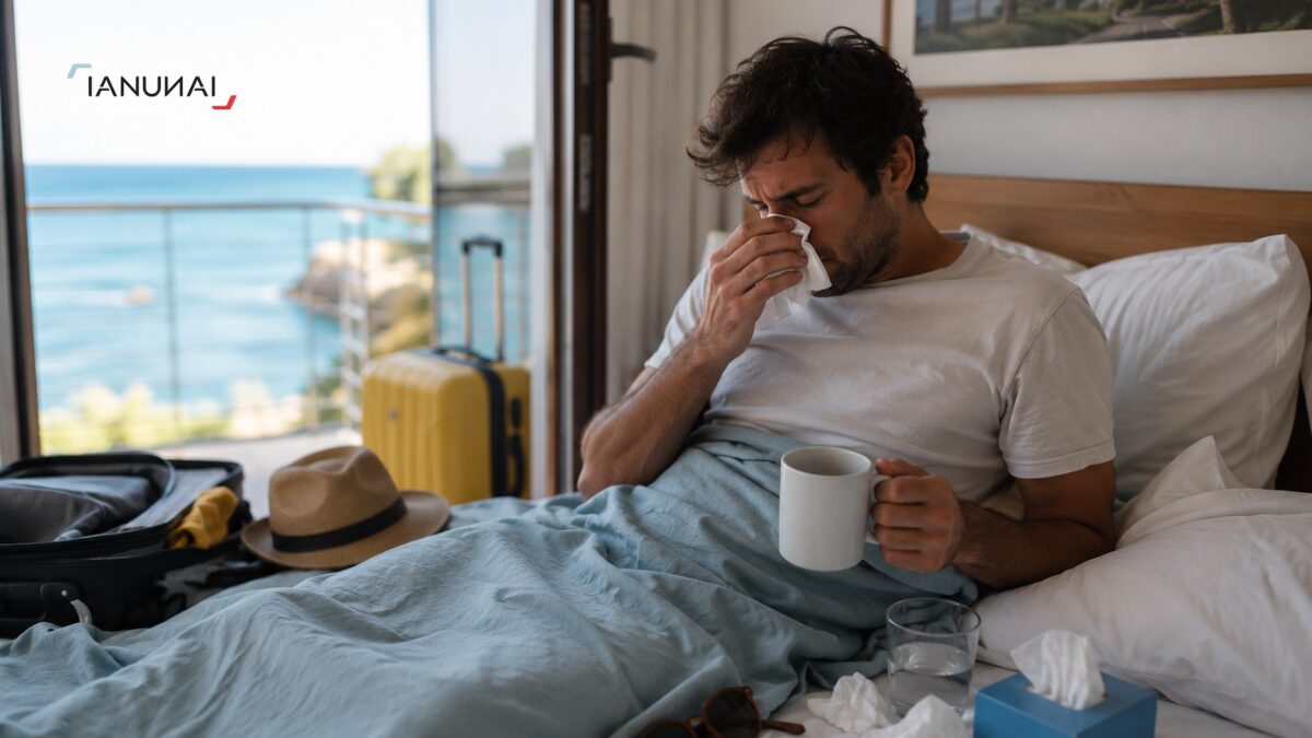 Man feeling unwell on holiday